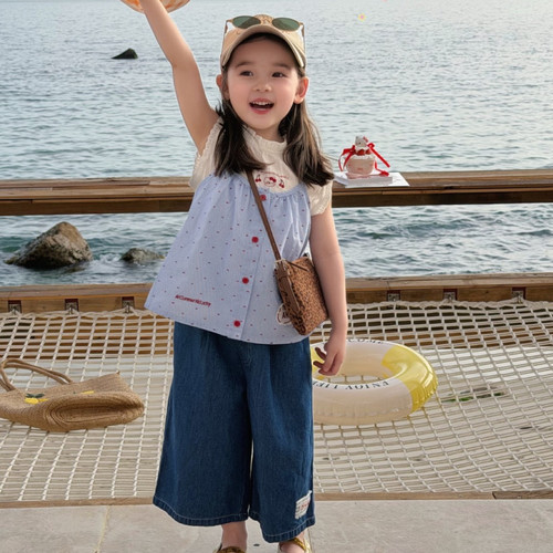 26夏AH 女童蓝色吊带短袖套装77182  牛仔九分裤77227