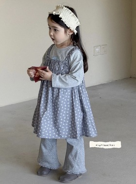 小鹿慕水女童套装2025秋碎花吊带裙+T恤两件套95505+喇叭裤95598