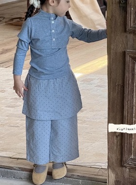 小鹿慕水女童套装2025秋季假两件上衣95609+圆点屁帘直筒裤95610
