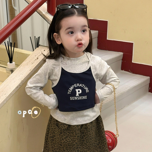 灰色假两件吊带打底衫 Opao 6053女童2026春款