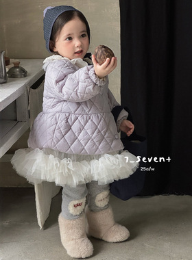 7seven 25冬 118女童紫色纱纱拼接娃娃领菱格中长款棉衣