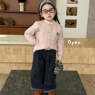 Opao 26冬 女童粉色加厚勾花毛衣开衫10103 格子边加绒工装裤5039