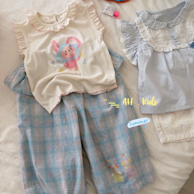 26夏AH 女童米色卡通无袖上衣77278 格子屁帘裤77288