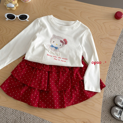Opao 6059 女童2026春款白色Kitty印花长袖T恤