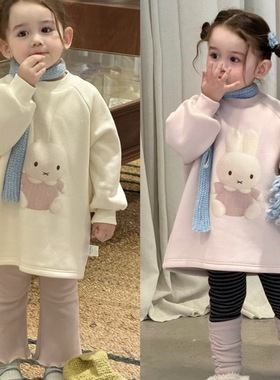 橙小七 25秋冬 5293女童韩系小兔圆领加绒长款卫衣裙