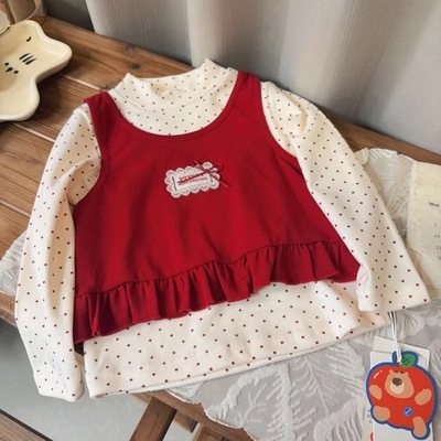 釉兮 25冬 2975女童加厚不加绒假两件圆点背心打底衫T恤