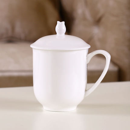 唐山骨瓷陶瓷杯会议会务杯纯白带盖手柄办公家用茶水杯子定制广告