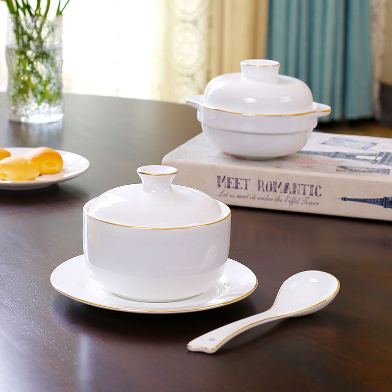 金边骨瓷燕窝盅美容院双耳陶瓷隔水炖盅带盖家用蒸蛋碗一人小汤盅