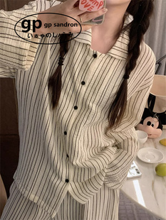 日本小众GP黑白条纹纯棉睡衣女春秋季长袖棉纱布家居服套装学生冬