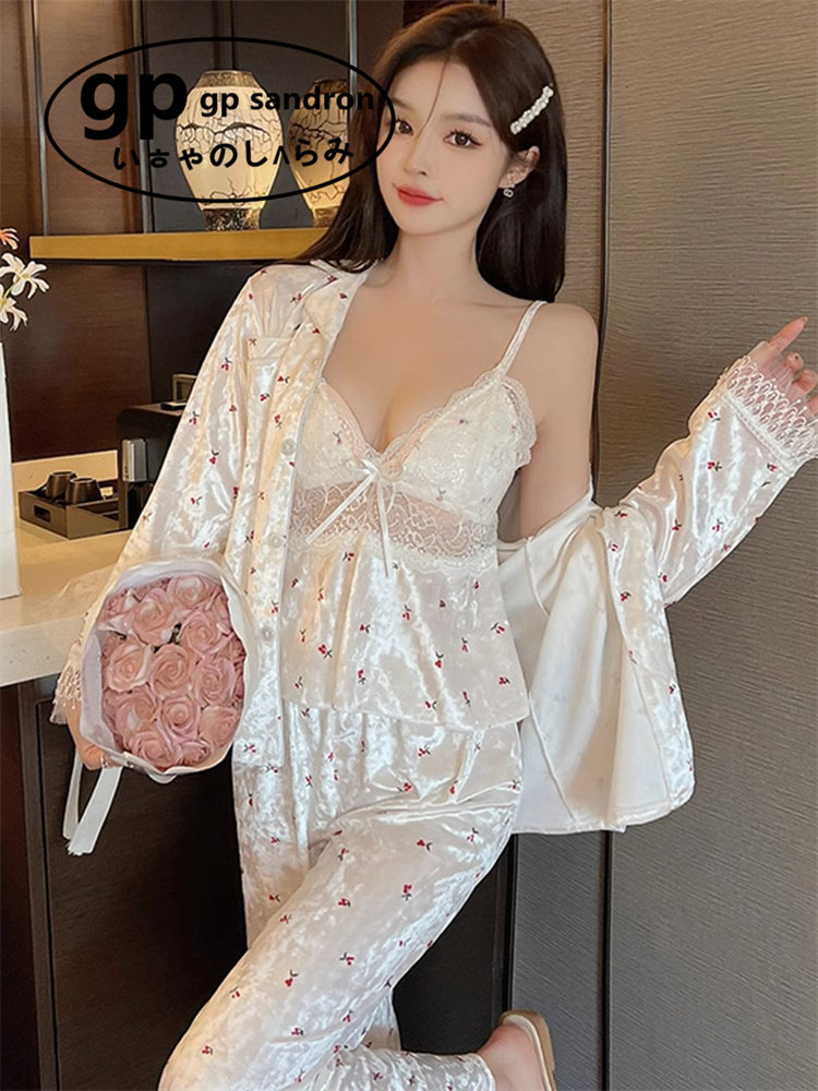 日本小众gp金丝绒睡衣女秋冬小樱桃印花睡袍性感带胸垫吊带三件套