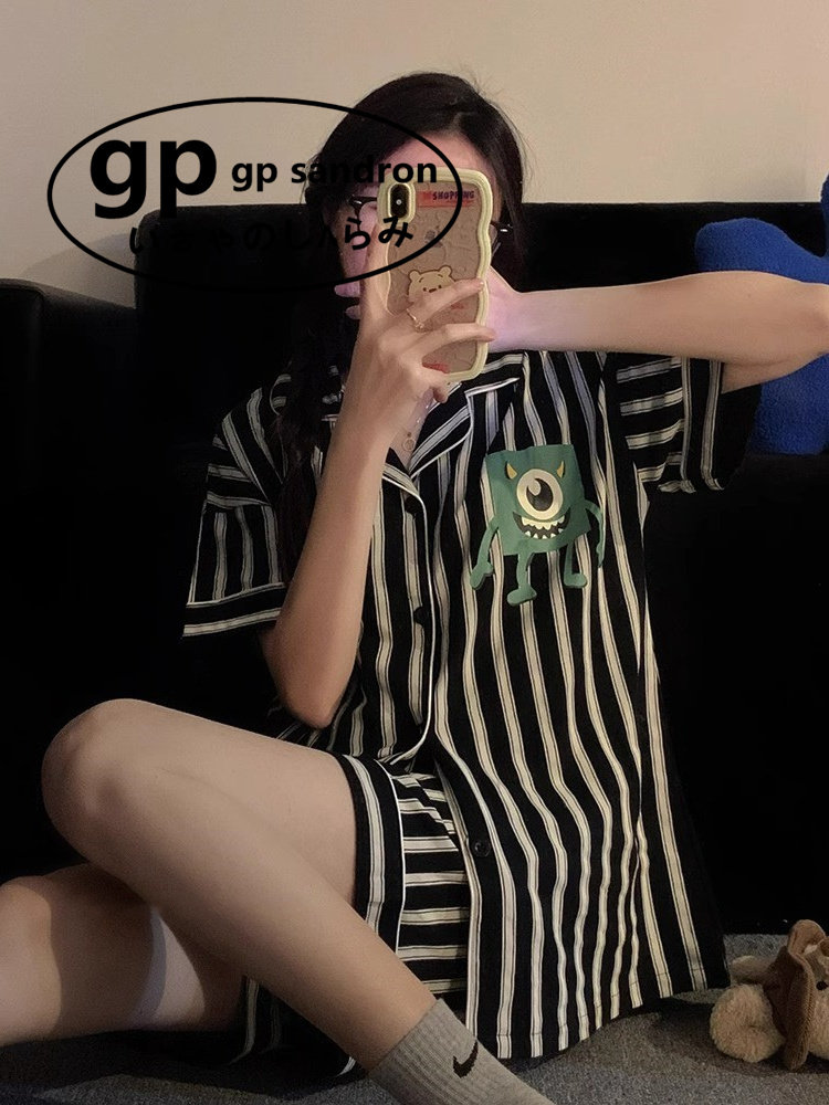 日本GP黑色条纹睡衣女纯棉短袖