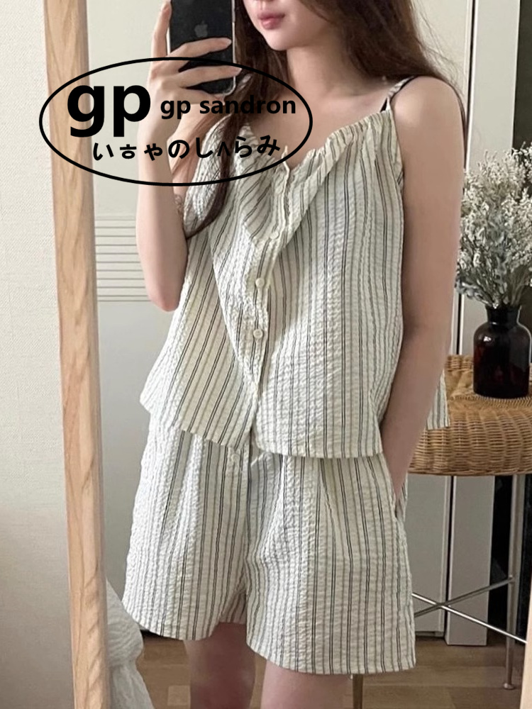 日本gp条纹吊带睡衣女棉麻家居服