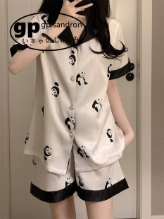 日本小众gp少女睡衣夏天冰丝套装衬衫短袖薄款卡通熊猫休闲家居服