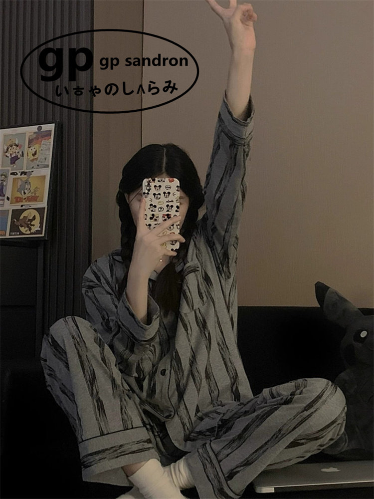 日本gp灰色睡衣纯棉条纹春秋女款