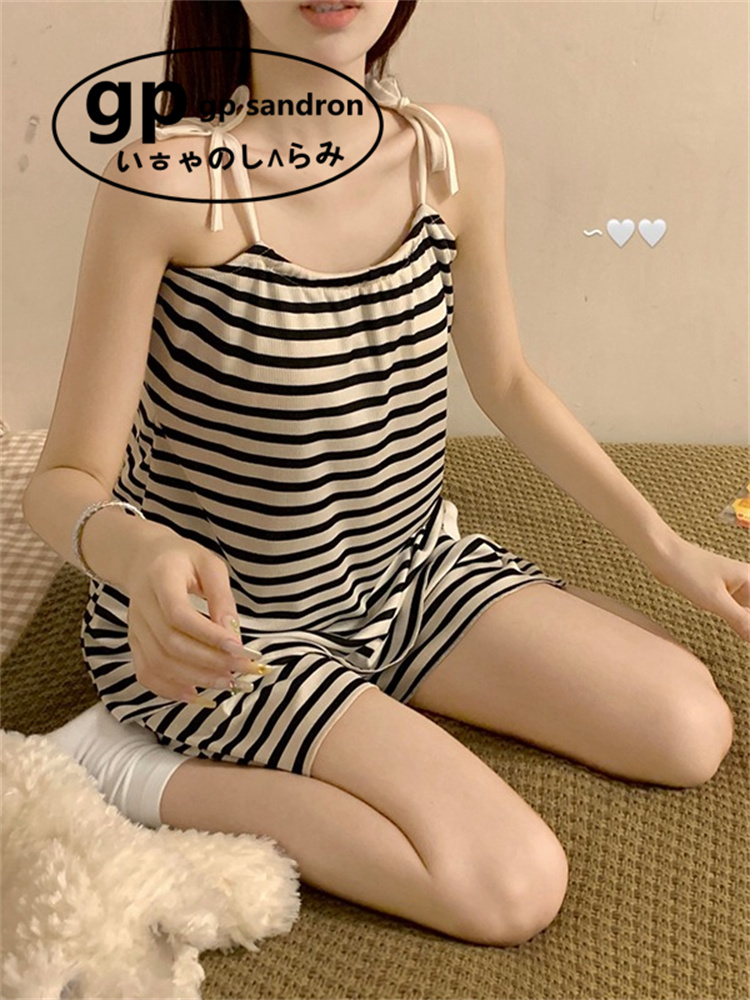 日本gp吊带睡衣女条纹短裤两件套