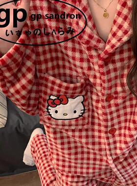 日本小众gp冬季珊瑚绒睡衣女大红色格子helloKitty加厚保暖家居服