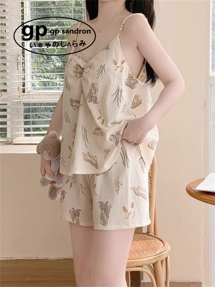 日本小众gp吊带夏季睡衣女带胸垫无袖性感背心宽松韩版套装家居服