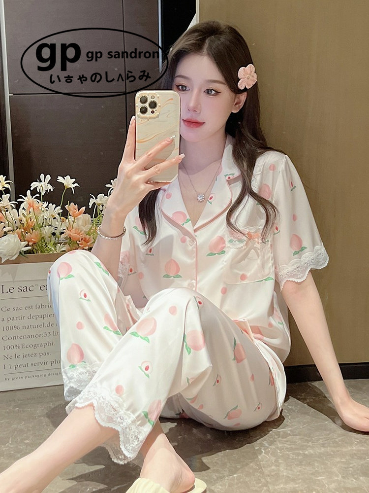 日本小众gp真丝睡衣女夏天短袖小个子少女冰丝绸水蜜桃家居服外穿