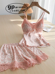 日本gp睡衣女夏季薄款冰丝吊带短裤带胸垫性感粉豹纹蕾丝家居服