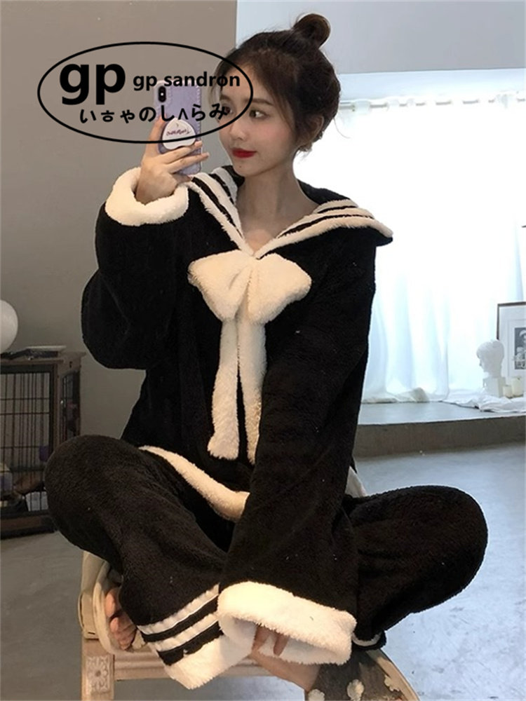 日本小众GP黑色睡衣女冬季珊瑚绒