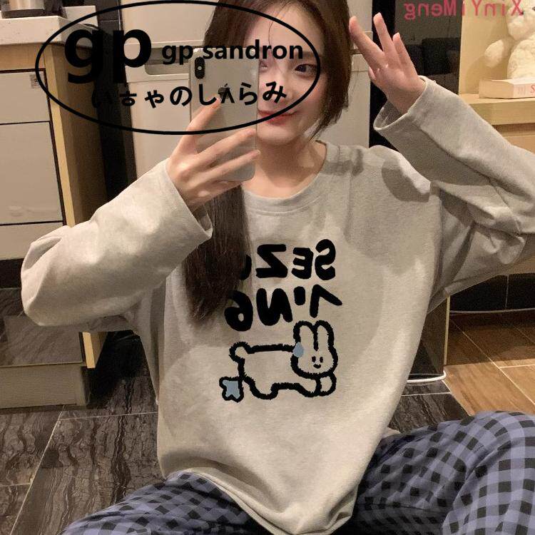 日本gp睡衣女纯棉长袖格子兔套装