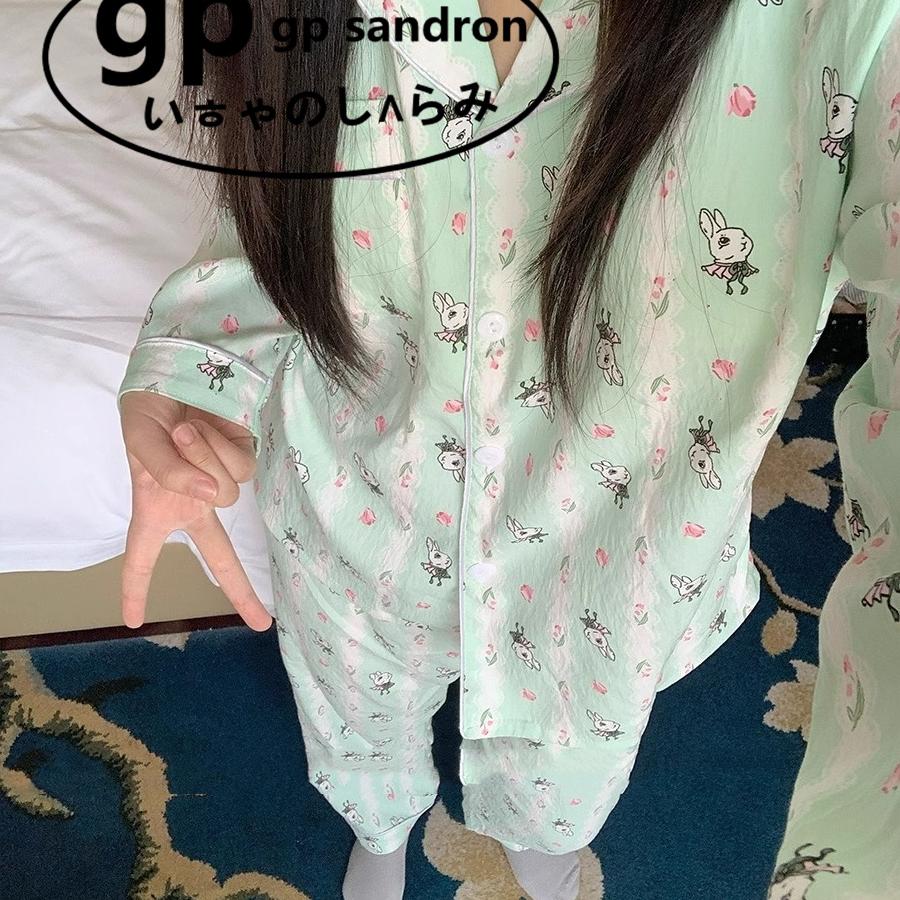 日本gp条纹睡衣女春秋季带胸垫