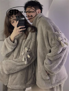 日本小众gp睡衣男保暖套装秋冬季情侣网红加厚加绒珊瑚绒家居服女