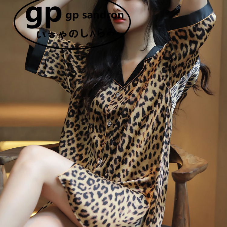 日本gp睡裙女豹纹冰丝衬衫裙居服