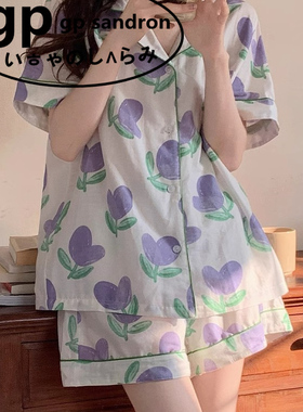 日本小众GP紫色郁金香睡衣女款夏季冰丝短袖高级感花朵家居服套装