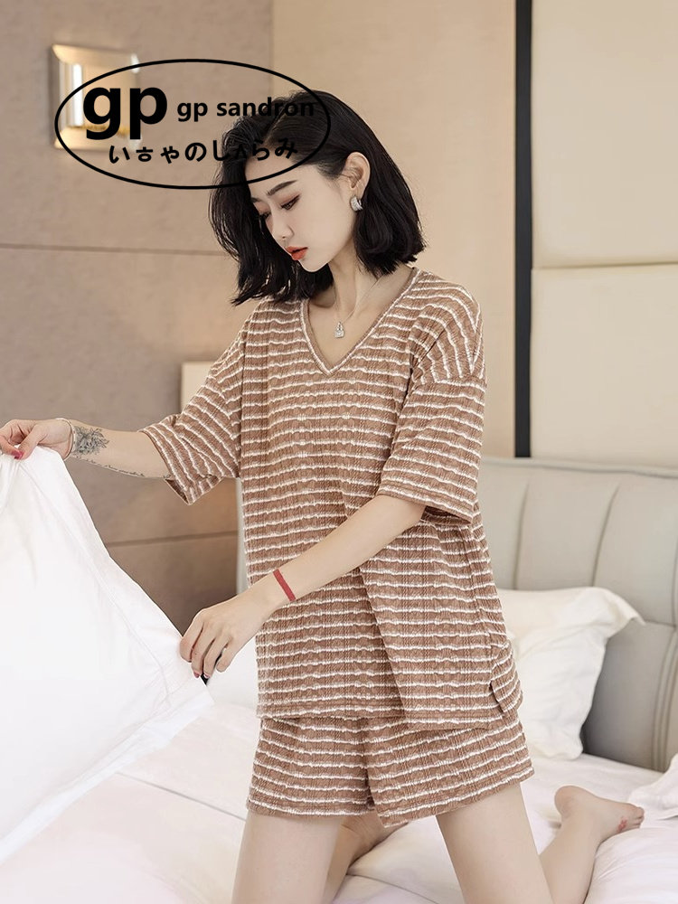 日本小众gp睡衣女夏季纯棉短袖短裤休闲条纹网红小个子家居服套装
