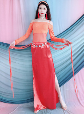 新款百雅千慧肚皮舞练功服2024春季橙色舞蹈套装长裙东方舞演出服