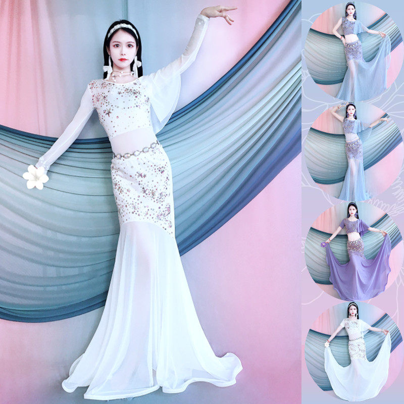 新款肚皮舞服2024练功服舞蹈服蓝色间珠绣弹力演出服套装鱼尾长裙