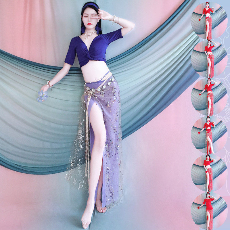 肚皮舞套装2024交叉绑带练功服装初学者珠绣臀巾长裙夏儿童表演服