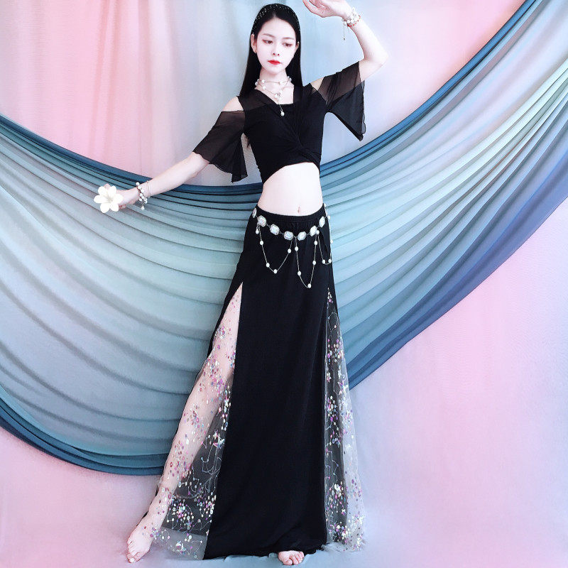 新款肚皮舞服装2024飘逸荷叶袖珠绣长裙套装东方舞夏儿童表演团服