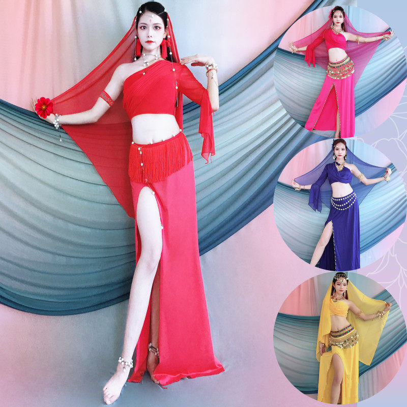 新款肚皮舞服印度舞蹈演出服天竺少女民族舞成人儿童独袖飘逸套装