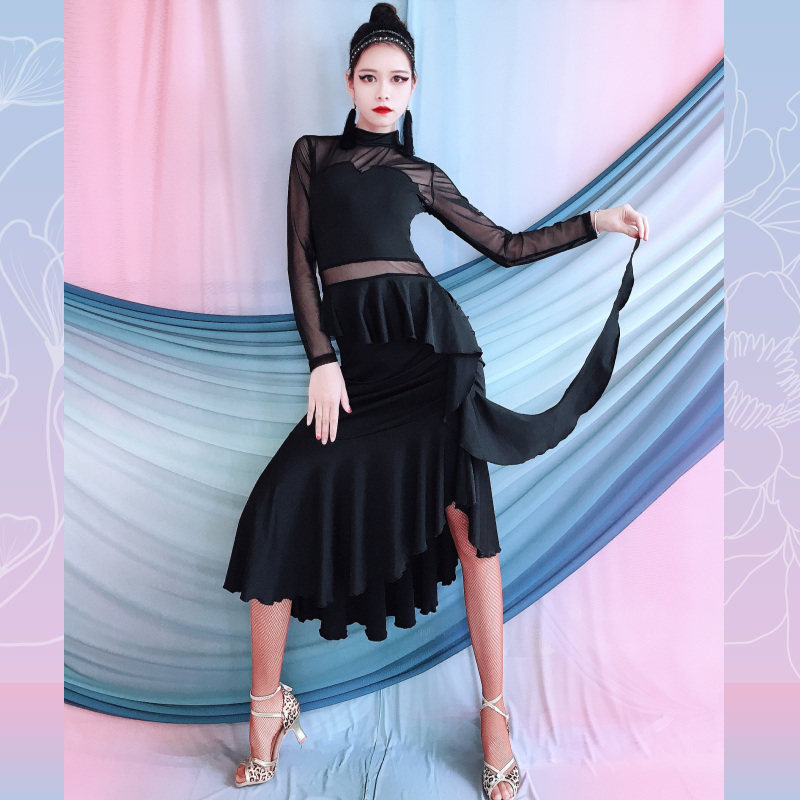 新款拉丁舞服连衣裙舞蹈短袖长袖练功服套装女成人儿童伦巴表演服