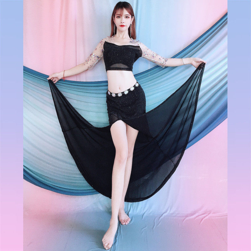 新款百雅千慧肚皮舞2024年珠片珠绣黑色长裙短裙练习服演出服团服
