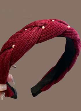 日本代购复古红色编织麻花辫发箍女洋气显白增高炉顶头箍发卡子