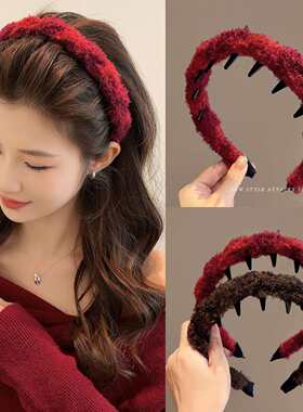 日本代购红色毛绒发箍女款秋冬高颅顶洗脸专用头箍压发卡发捆头饰