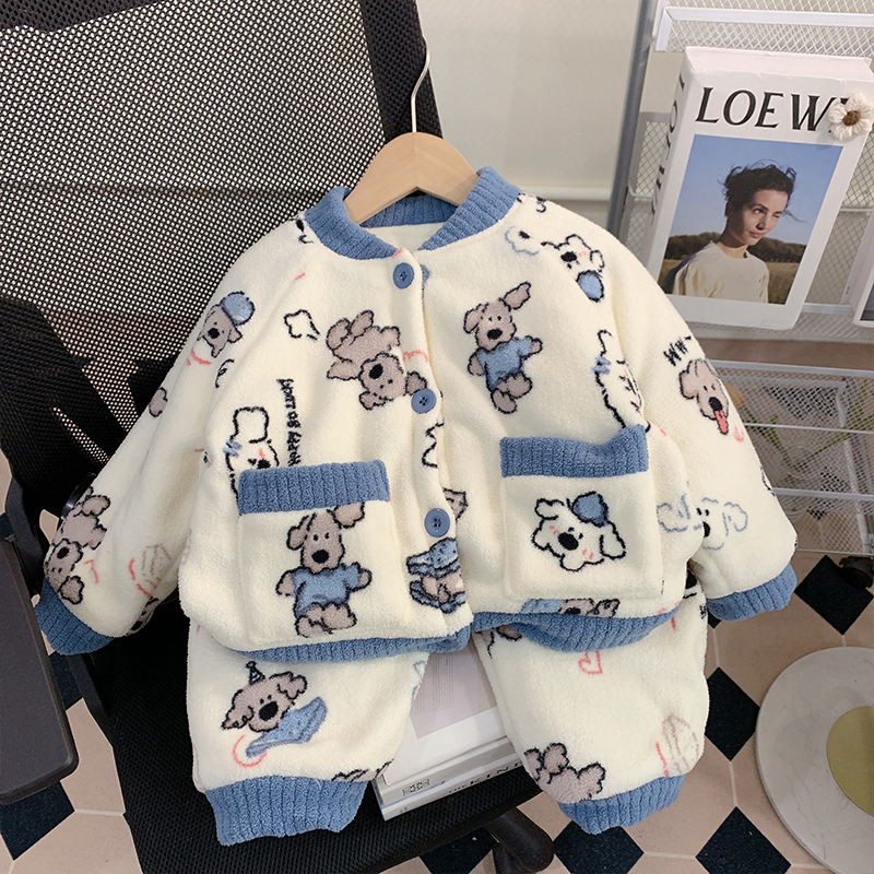 儿童睡衣冬季珊瑚绒三层夹棉加厚加绒法兰绒女宝宝保暖家居服套装