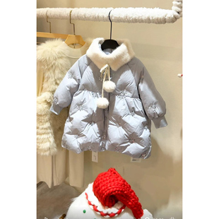 女童冬季2026新款雪国精灵白鸭绒可拆卸毛领雪花亮片中长款羽绒服