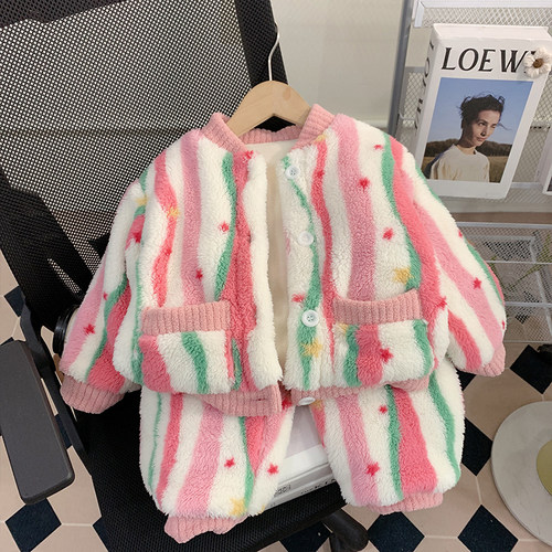 女小童珊瑚绒睡衣加厚保暖冬款法兰绒女宝宝秋冬季儿童家居服套装