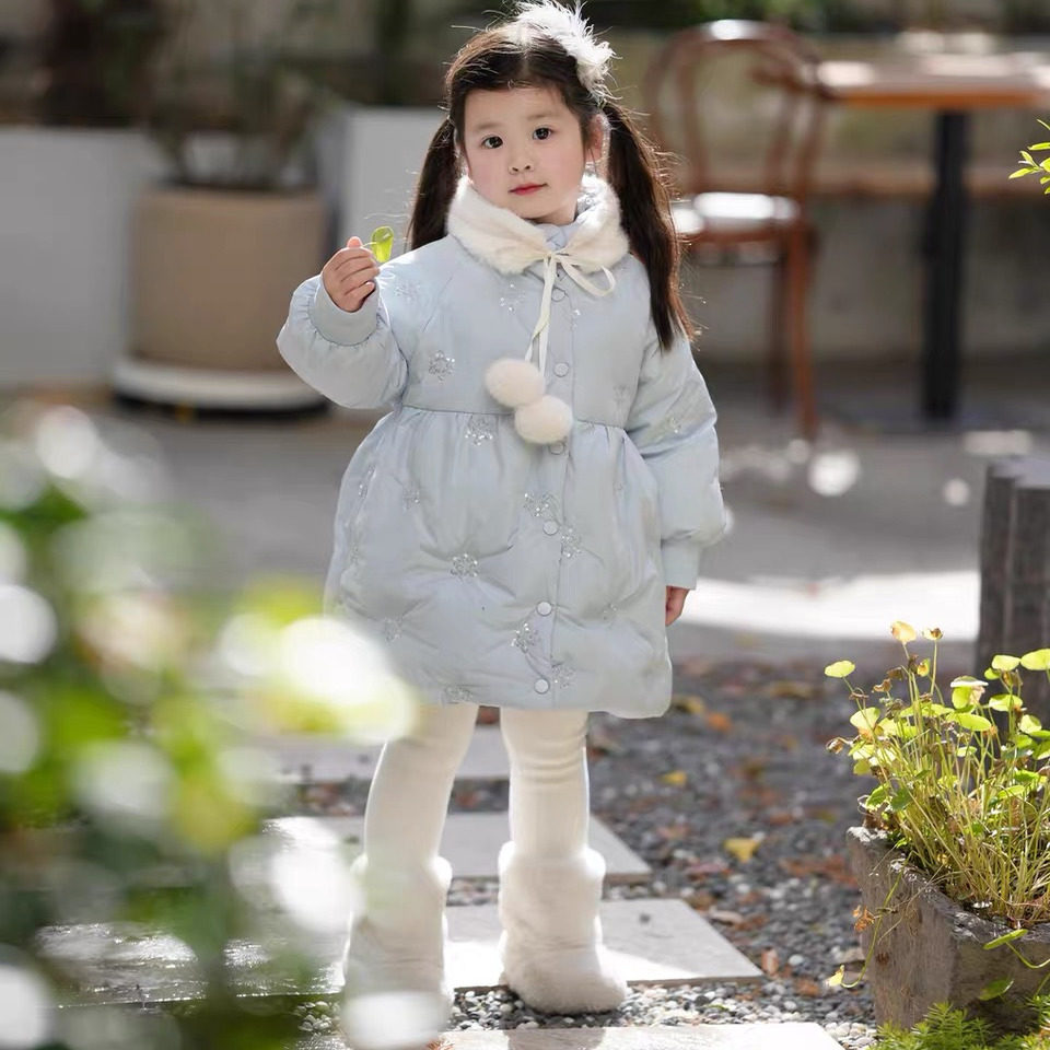 女童冬款雪国精灵白鸭绒可拆卸毛毛领雪花亮片中长款艾莎羽绒服潮