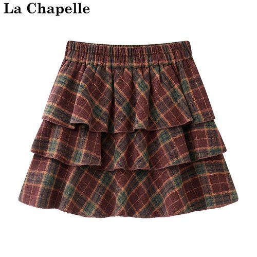 拉夏贝尔/La Chapelle冬季新款复古格子百褶防走光毛呢半身短裙女