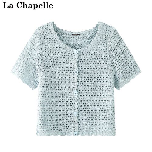 拉夏贝尔/La Chapelle夏季新款花边领设计感短袖镂空针织薄款开衫