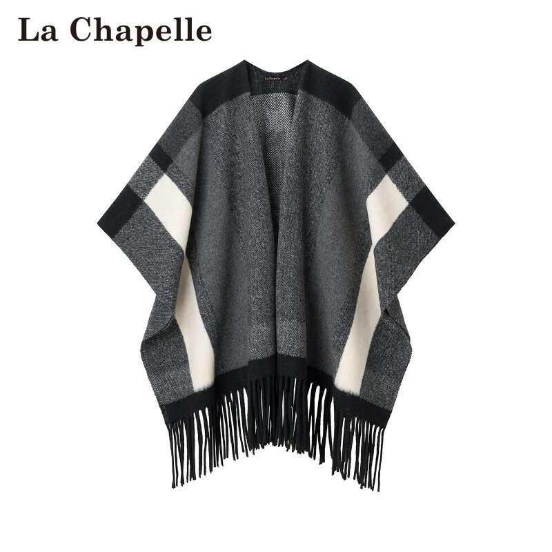 拉夏贝尔/La Chapelle冬季新款撞色格纹流苏高级感披肩加厚围巾女