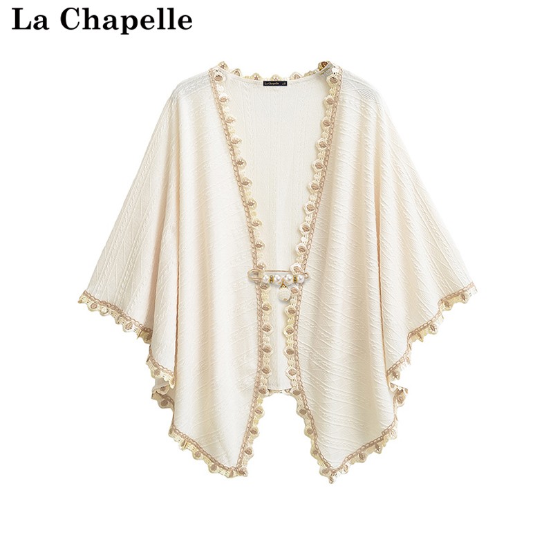 拉夏贝尔/La Chapelle国风复古风甜美花边素色针织披肩斗篷坎肩女