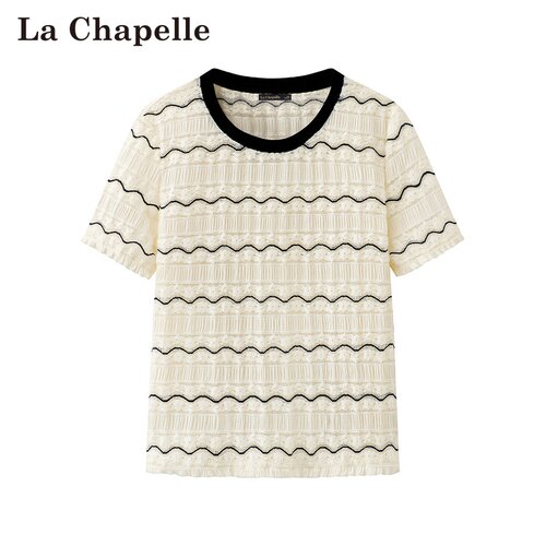 拉夏贝尔/La Chapelle春夏新款圆领撞色条纹蕾丝拼接针织短袖上衣