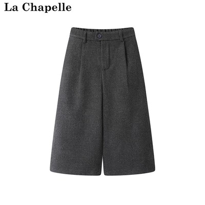 拉夏贝尔/La Chapelle冬七分裤高腰设计毛呢宽松阔腿裤直筒休闲裤