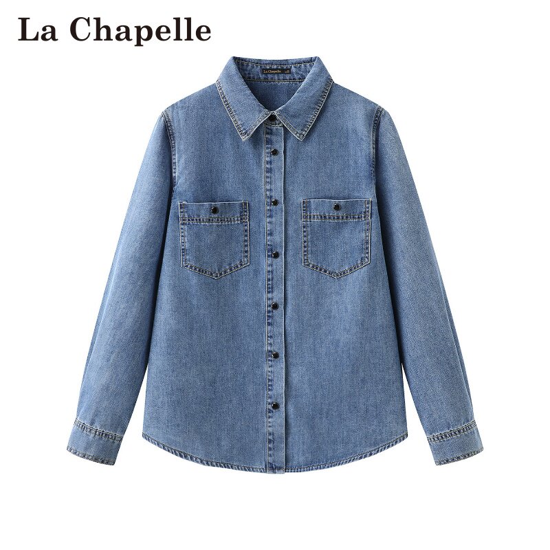 拉夏贝尔/La Chapelle春季新款韩式翻领双口袋简约复古牛仔衬衫女